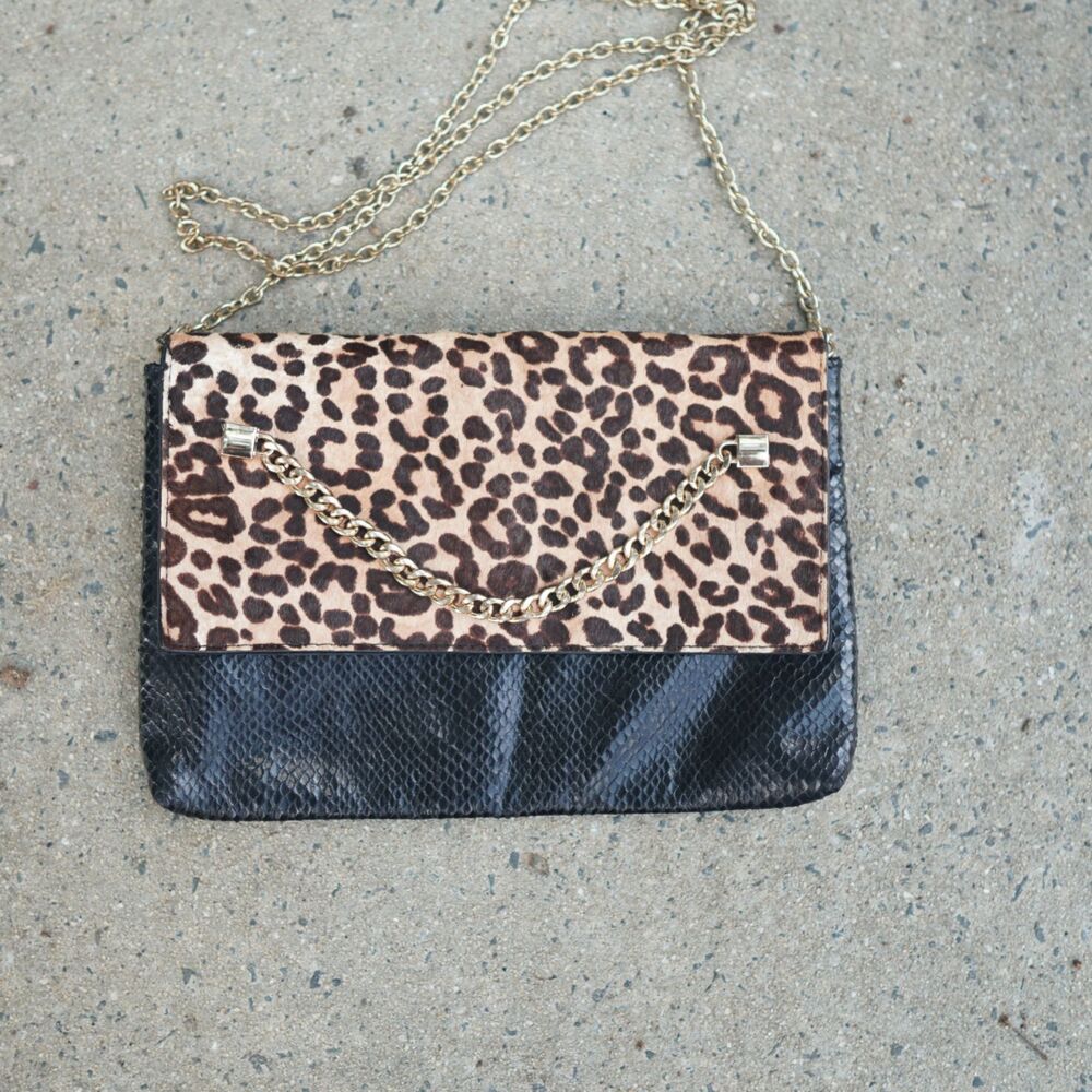 Gianni Bini Leopard Print Calf Hair Black Snakeskin Chain Shoulder Bag Clutch